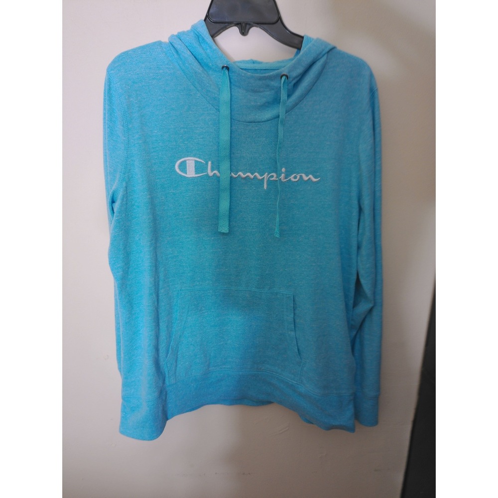 Champion Hoodie Women Large Turquoise Blue Heather Script Logo Pocket Athletic